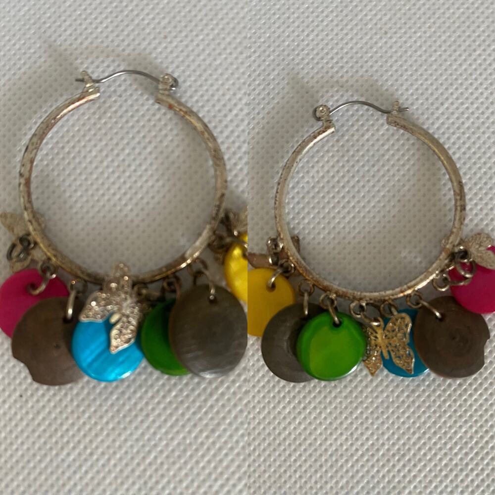 Colorful Boho Hoop Earrings with Butterfly Charms Mixed Disc Dangles 2in - Picture 12 of 17